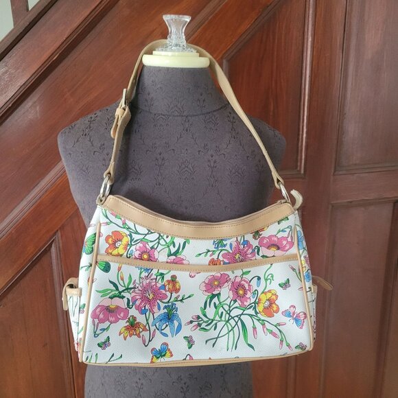 Botanical Floral Shoulder Bag With Adjustable Strap & Zippered Compartments By L - Picture 1 of 8